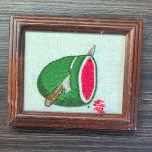 Embroidered Watermelon Art in Wooden Frame Small Kitchy Embroidered Wall Hanging